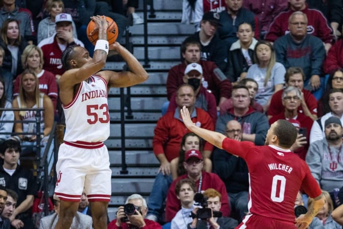 Indiana guard Tamar Bates (53) shoots the ball while Nebraska guard C.J. Wilcher (0) defends. )Trevor Ruszkowski-USA TODAY Sports)